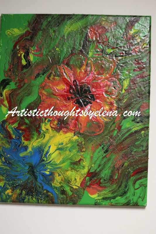 Abstract Giant blooms with blue and yellow green background #44 (16X20in)