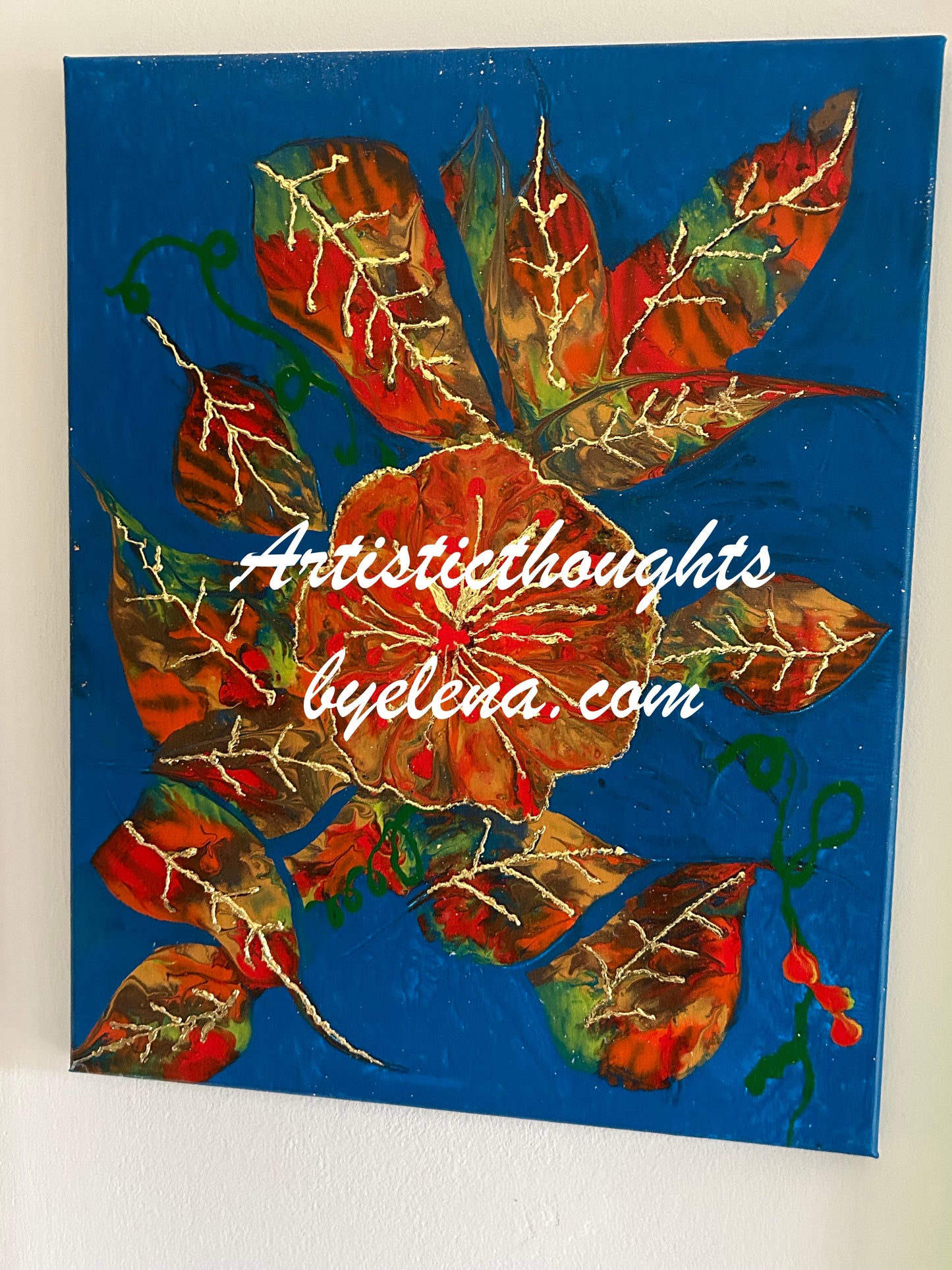 Mid Sized Orange & Red Bloom with Copper gilded leafing #10 (16X20 in)