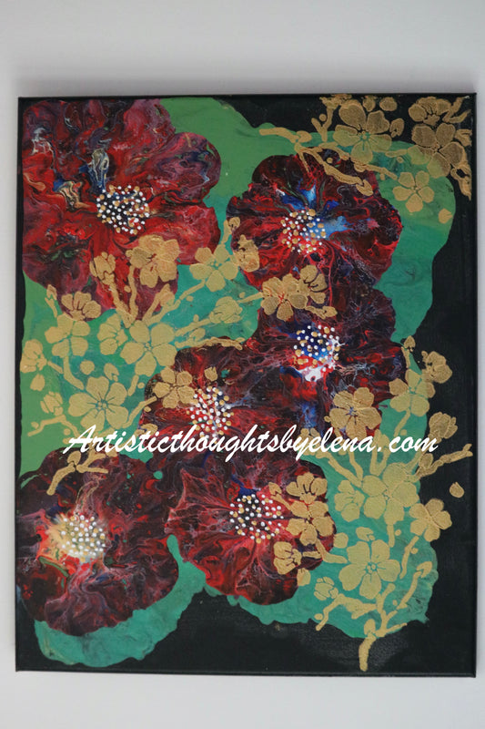 Red & blue blooms with golden vines....#79 (16X20in) completed 9-4-24