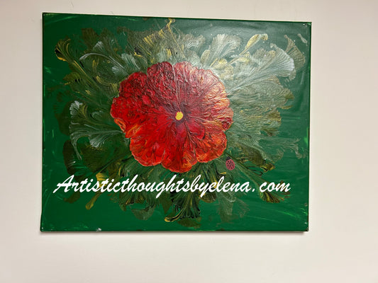 Red Bloom with Feathered Foliage #70 (16X20)